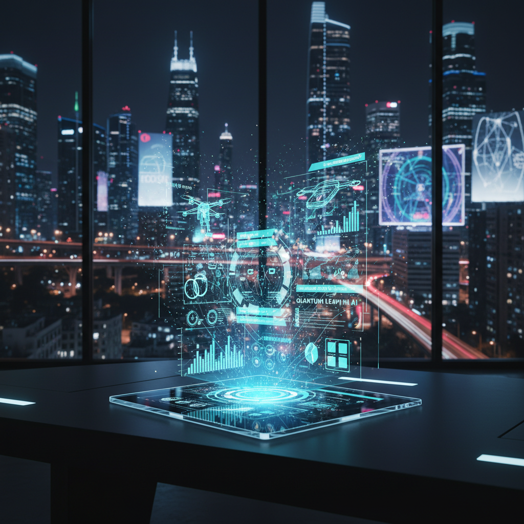 A futuristic, transparent tablet lying on a matte black desk, its holographic interface projecting colorful charts, product prototypes, and short innovation news snippets into the air above it. In the background, through a large glass wall, a cityscape with smart buildings, autonomous vehicles, and digital signage can be seen slightly out of focus. Cool blue and white LED accent lights trace subtle lines along the desk edges. The lighting is low and dramatic, with the holographic elements acting as the primary light source, casting gentle glows and reflections. Photographic realism with a bold, dynamic mood, framed in a centered composition with moderate depth of field to emphasize the tablet as the innovation hub.