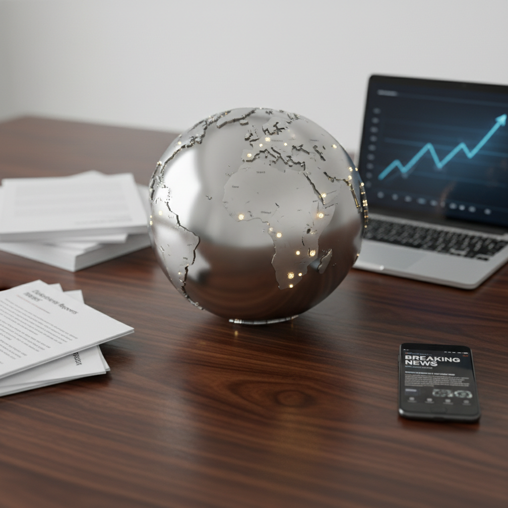 A polished metal globe with continents etched in brushed silver and key innovation hubs illuminated with tiny embedded LED lights, resting on a dark walnut table. Surrounding the globe are neatly arranged printed reports, a slim laptop showing a rising line graph, and a minimalist smartphone displaying breaking tech headlines. Soft studio lighting from above creates gentle highlights on the metallic surfaces and warm reflections in the wood grain. Photographic realism with a calm, authoritative mood, captured from a slightly elevated angle, using the rule of thirds and shallow depth of field to keep the glowing globe as the sharp, central focus while background elements softly blur.