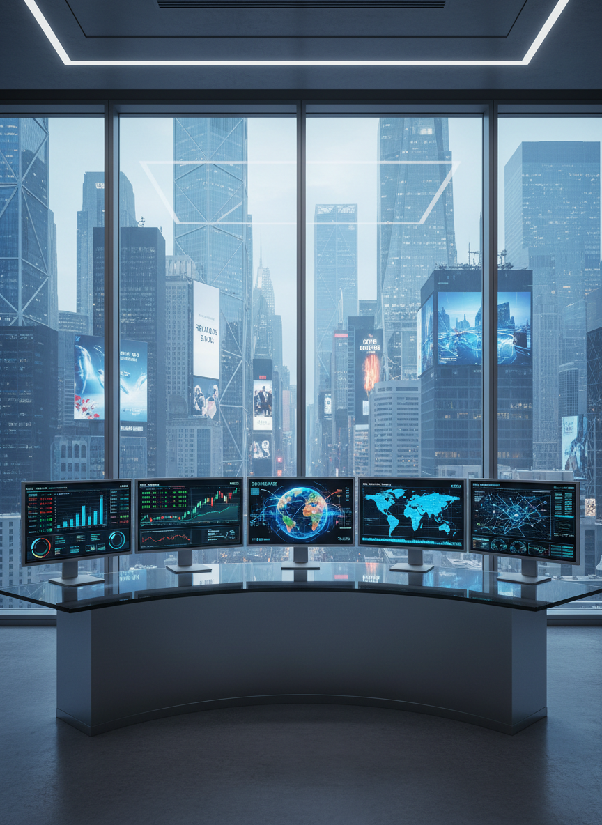 A sleek, glass-topped newsroom desk with multiple slim, bezel-less monitors displaying colorful data visualizations, stock tickers, and world maps highlighting innovation hotspots. The desk sits in front of a large floor-to-ceiling window overlooking a modern city skyline filled with high-tech skyscrapers and digital billboards. Cool, diffused daylight and subtle reflections on the glass create a professional, high-tech atmosphere. Photographic realism with a clean, modern aesthetic, shot at eye level with a slightly wide angle, sharp focus throughout, and a balanced composition that conveys global innovation and real-time business updates without any human presence.